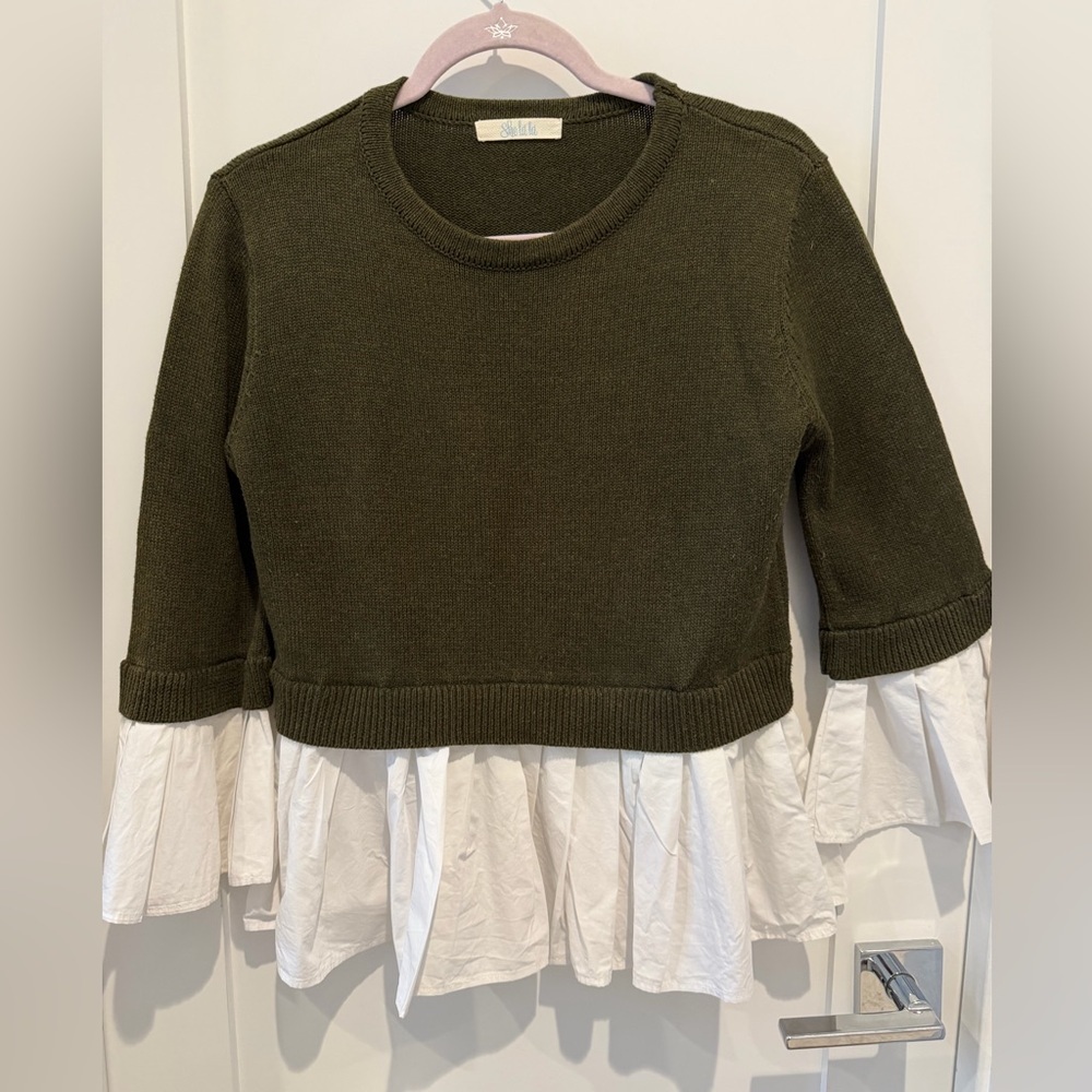 BLOUSE BOTTOM KNIT SWEATER Olive Green and White top M cottage girl